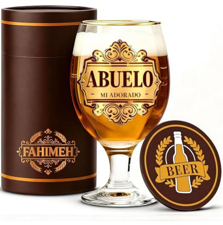 FAHIMEH Regalos Abuelo, personalizado Jarra Cerveza, Para Abuelo Cumpleaños Aniversario Navidad, de Nietos Originales Ideas Hombres Regalo con Posavasos, 400ml