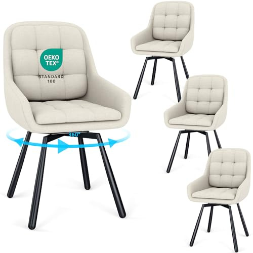 JIJIAN Lot de 4 Chaises Pivotante 360°, Chaises Salle à Manger avec Accoudoirs, Chaise Pivotante Salle à Manger Rembourrée à Pieds Métalliques, pour Salon Chambre Cuisine et Coin Accueil, Beige
