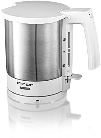 Cloer 4721 Wasserkocher, 2000 W, innen liegende Füllmengenmarkierung, Trockengeh- und Überhitzungsschutz, 1 Liter, mattierter Edelstahlbehälter, Weiß
