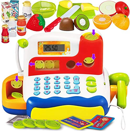 FUNERICA Jouet de Caisse enregistreuse Durable pour Enfants | avec Sons électroniques, Microphone, Scanner, Calculatrice, Jouets Alimentaires, Fruits à découper, Jouet de caissier, Argent de Jeu et