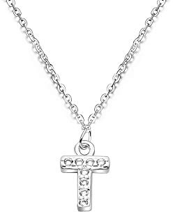 bifriend S925 Silver 26 Initial English Letter Crystal Chain Necklace For Women Girl Best Gift (T)