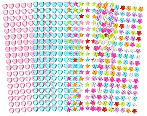 MIJOMA Set med diamantklistermärken diamantstenar självhäftande och kristalldiamanter i akryl, hantverk och design (576 stycken – hjärtan blommor stjärnor – flerfärgade)
