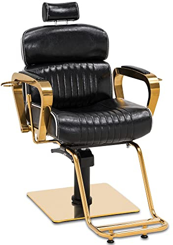 Barberpub Sedia da parrucchiere con poggiatesta, sedia da parrucchiere regolabile in altezza, per uomo e donna, stile vintage retrò, in ecopelle, 3078 (nero/oro)