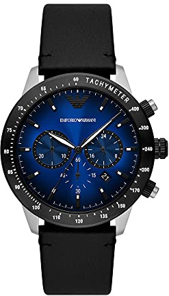 Emporio Armani Herrenuhr, Chronographenwerk, 43MM Silbernes Edelstahlgehäuse mit Lederarmband, AR11522
