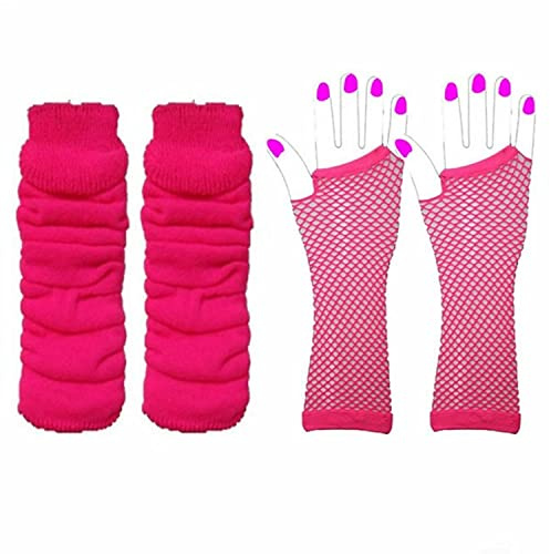 Lizzy | Leg Warmers & Fishnet Gloves Set | One Size, Neon Pink, 40cm Leg Warmers, 28cm Gloves, Net Material | 80s Fancy Dress, Dance, Hen Party Accessory | Vibrant Neon Costume Set