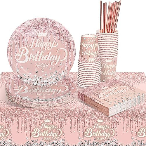 Rosegold Partygeschirr Set, Rosegold Geburtstag Party Geschirr Pappteller Set, Tischdeko Geburtstag Mädchen mit Tischdecken Tassen Strohhalme Servietten für Geburtstagsdeko Mädchen Partys 16 Gäste