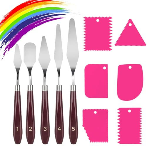 11 Stück Palettemesser Set, 5 Stücke Malmesser Spachtel und 6 Stücke Plastikschaber Abstreifermesser Acrylmalerei Malspachtel Künstlerbedarf für Lgemälde, Gouache, Aquarell, Felsmalerei (Rosa)