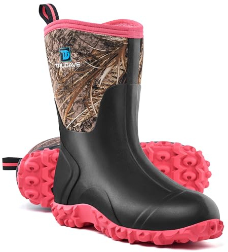 Trudave Rubber Boots for Women with Steel Shank, 6mm Neoprene Mid Calf Rain Boots, Waterproof Insulated Mud Work Boots All Season, Pink, Size 9