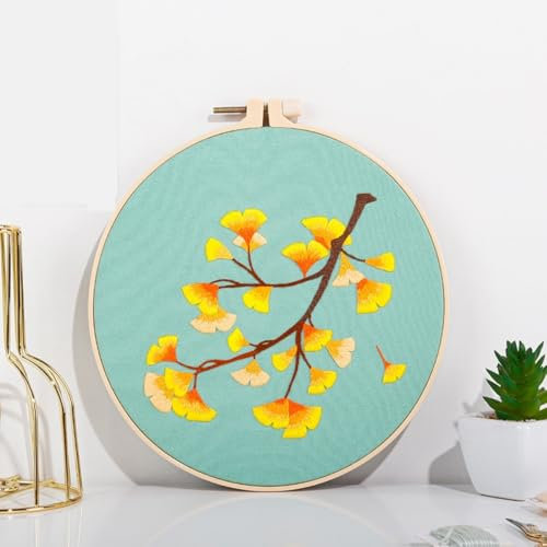 N.LANSHAN Stickerei Set Anfänger Stickset Mit Goldenen Ginkgoblättern，Blattmuster，Stick-Starter-Kit，Inklusive Stickrahmen，Farbigen Fäden Und Stickereien Mit Muster Und Anleitung 30x30cm
