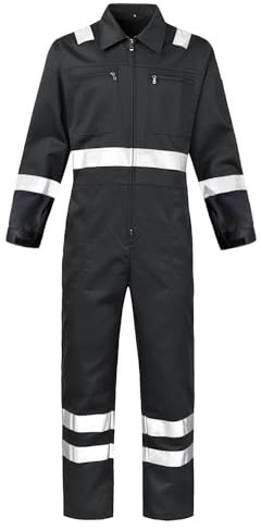 KTWOLEN Herren Arbeitsoverall Reflektierende Arbeitsanzug Langarm Rallyekombi Arbeitskombi Werkstattkittel Arbeitskleidung Reißverschluss Overall, Schwarz, XL