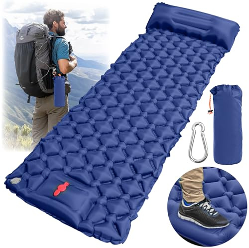 PRZRAO Colchón Autoinflable con Bomba de Pie Esterilla Camping con Mosquetón Impermeable y Resistente al Desgaste Esterilla Hinchable para Senderismo Camping Actividades al Aire Libre(Azul)