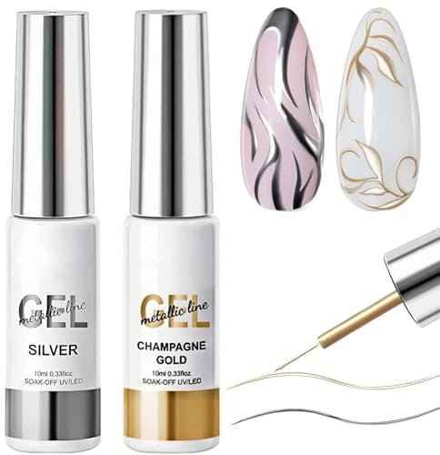 Gold & Silver Chrome Liner Nail Gel Polish Set - Metallic Effect, 3D Mirror Nail Art - UV Nail Gel for Long-Lasting Shine