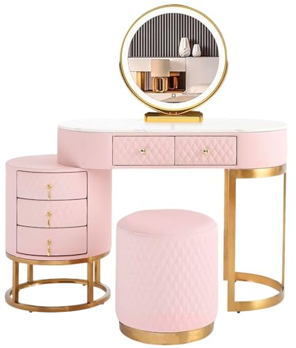 TAITUTE Set da toeletta con 3 specchi a LED e sgabello, set da toeletta con sgabello imbottito e 5 cassetti, tavolo cosmetico in legno per camera da letto, donne e ragazze, tavolo da trucco per la