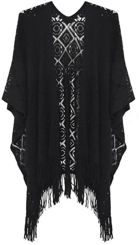 Hoypeyfiy Women's Knitted Shawl Scarf with Fringe Trim, Lightweight Hollow Knit Craftsmanship, Suitable for Home Office Travel (Black Block Pattern)