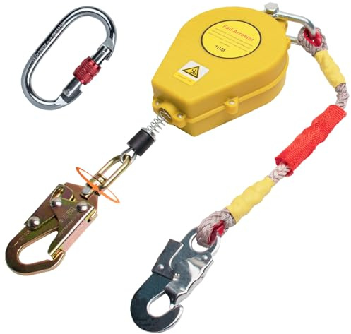 Aocay Dispositivo Anticaduta Retrattile Certificato, Dispositivo Retrattile di Sicurezza Anticaduta 10m, 150kg Imbracatura di Sicurezza Anticaduta Tetto/Lavoro Aereo con Moschettone(Giallo,10m)