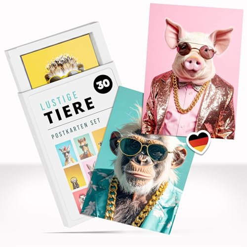 Einladungskarten Manufaktur Hamburg Postkarten Set Lustige Tiere - 30 Witzige Tierpostkarten für Büro, Freunde, Kinder, als Deko oder Geschenk Grußkarten mit praktischer Box Hund Katze Affe Maus