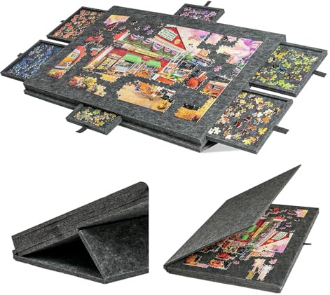 Planche de puzzle inclinable, support et housse 2 en 1, table de rangement en feutre léger avec 6 tiroirs de triage, table de puzzle, plateau portable de 1 000 pièces (gris foncé)