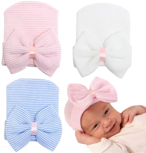 Malaxlx Bonnet Bébé Naissance 3 Pièces avec Nœud Coton Doux Bonnet Nouveau Né 0-3 Mois