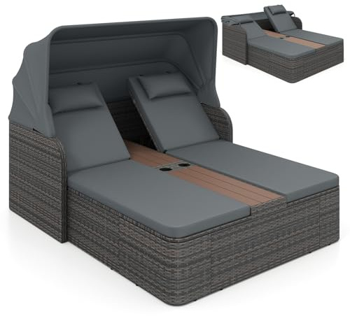 COSTWAY Tumbona Doble Jardin Exterior, Cama Balinesa de Ratán con Toldo Retráctil y Respaldos Ajustables, Tumbonas Piscina para 2 Personas con Mesa Central y Porta Vasos para Jardín Piscina (Gris)