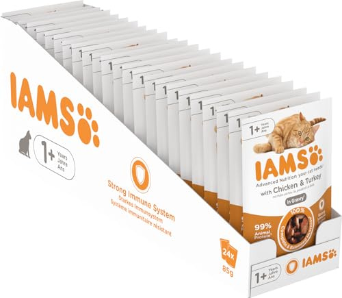 IAMS Delights Cibo umido per gatti con pollo e tacchino in salsa - cibo umido completo per gatti adulti, 24 x 85g buste