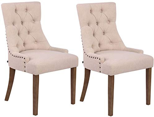 CLP Set 2 Poltrone Pranzo Aberdeen Stile Chesterfield I Coppia Sedie Soggiorno In Tessuto Imbottite Telaio In Legno Di Caucciù, Colore:crema, Colore del telaio:antico chiaro