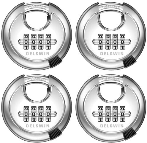 DELSWIN 4 Digit Combination Disc Padlock with Hardened Steel Shackle Outdoor Combo Gate Lock for Sheds, Storage Unit, Garage, Fence, Trailer Tongue (4 Pcs)