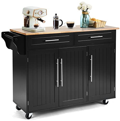 COSTWAY Carrello da Cucina, Carrello di Servizio con Ruote e Maniglia, 3 Ante e 2 Cassetti, Ideale per Cucina Ristorante Bar, 122x46x92,3 cm (Nero)