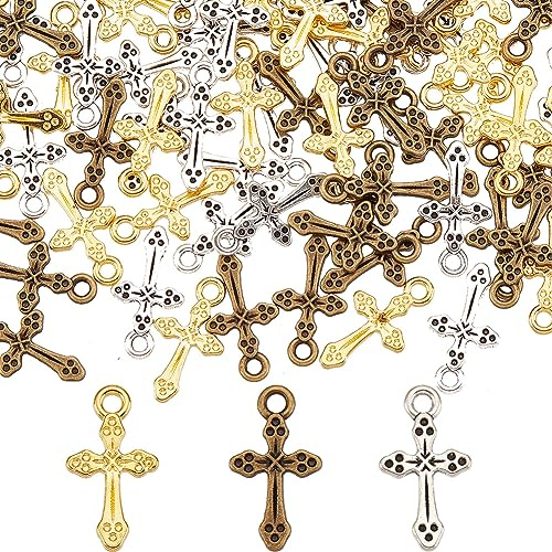SUNNYCLUE 1 caja de 120 piezas de 3 estilos de Aleación de Abalorios de Cruz A Granel de Oro A Granel con Cruz Tibetana Rosarios de Vacaciones Pequeños Centros de Cruces Colgantes para Hacer Joyas, Ab