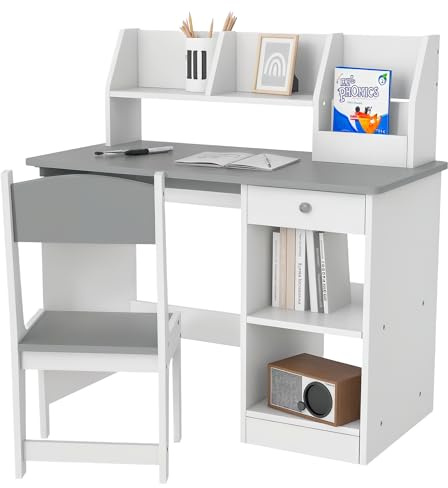 ZONEKIZ Kids Desk and Chair Set with Storage, for Ages 5-8 Years, 2 Piece Children Table and Chair Set with Keyboard Drawer, Grey