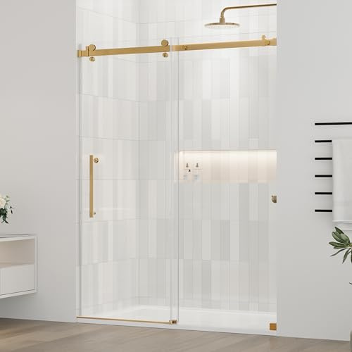 DELAVIN 56-60.in W x 72.in H Frameless Shower Door, Water Repellent Gold Shower Door with SGCC Clear Tempered Glass, Easy Sliding Showe Door with Explosion-Proof Film, Stainless Steel Top Rail