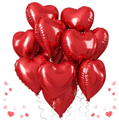 Red Heart Balloons, 18 Inch Metallic Red Foil Balloon Helium 10Pcs Large Ruby Heart Shape Foil Balloons for Wedding Girls Women Birthday Anniversary Bachelorette Valentines Day Baby Shower Mother Day