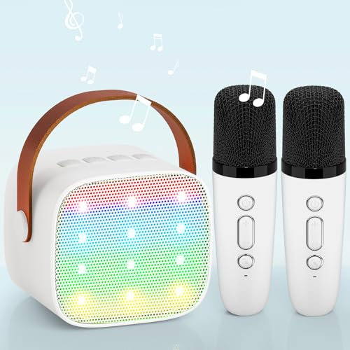 Kids Karaoke Machine, Upgrade Wowstar Karaoke Machine with 2 Wireless Microphones for Girls Boys, Mini Portable Bluetooth Speaker/Voice Changer Mic/Party Light/Toy Gift for Children Adult (White)