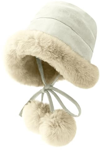 crazy bean Fischerhut Damen Fell Winter Glockenhut Damen mit Gefütterte mit Bommel Kinnriemen Warm Damenmützen Fluffy Elegant Kunstpelz Cloche beige