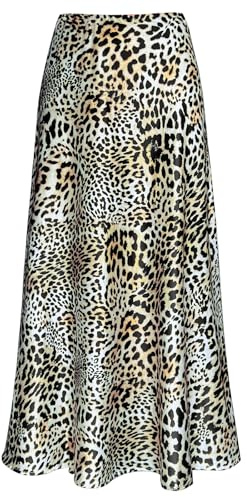 Outoshe Gonna da donna in raso a vita alta, maxigonna a vita alta con fascia elasticizzata a trapezio gonna lunga, Ghepardo, XX-Large