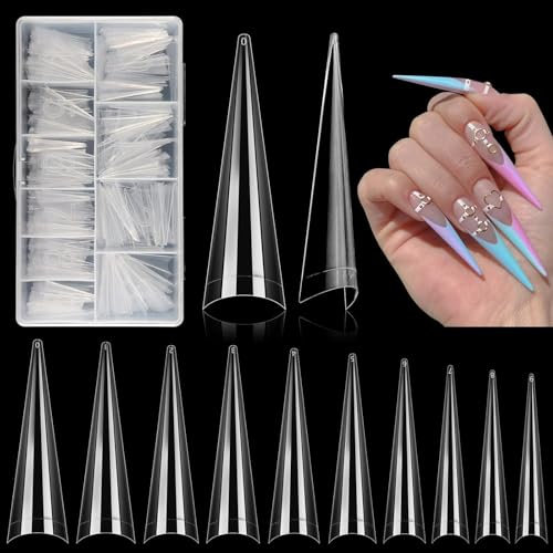 500 PCS Stiletto Long Nail Tips : Faux ongles longs et clairs - Demi-couverture pour ongles droits et effilés sans courbe en C, pour le bricolage et le salon de manucure, avec boîte.