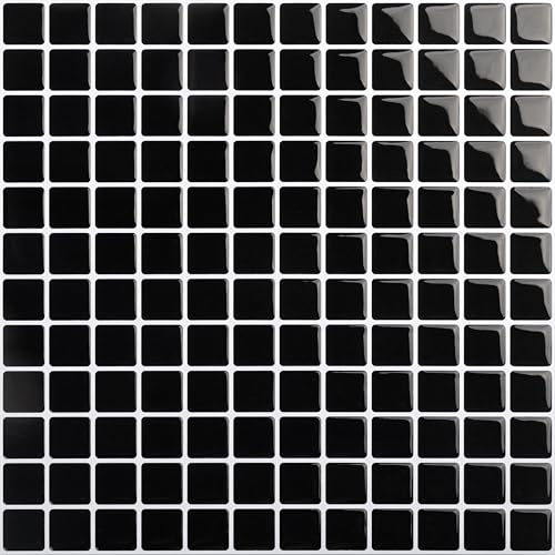 Hode Credence Adhesive pour Cuisine Noir Mosaïque, Imperméable Carreaux Carrelage Adhesif Mural Salle de Bain, Stickers Autocollant Carrelage Cuisine Bain, 4 Pieces, 23.6x23.6cm
