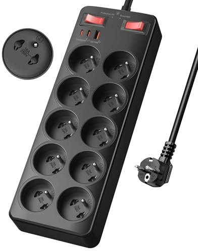 Bloc Multiprise avec Interrupteur,Multiprise Parafoudre et Surtension,Prise Multiple avec USB C PD20W,Bloc 10 Prises Française 16A 2P+T Rallonge Electrique 2m Parasurtenseur pour Maison,Bureau,Noir
