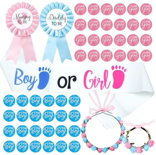 Gender Reveal Party Decoration 53 Pezzi, Baby Shower Boy or Girl Decorazioni, Giochi Copricapo e Braccialetti di Fiori, Adesivi Boy or Girl, Decorazioni Baby Shower Articoli per Reveal Party