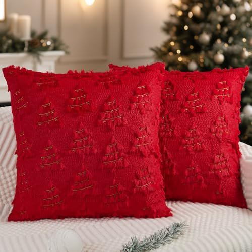 Miaikoe Julkuddöverdrag 50 x 50 cm set med 2 dekorativa kuddöverdrag mjuk plysch fuskpäls julgran guldlinjer för semester vinter vardagsrum soffa röd
