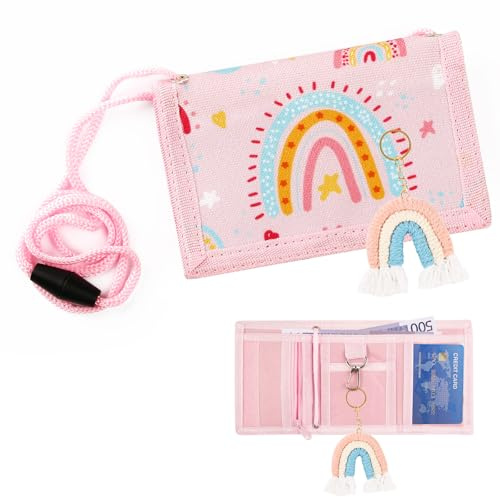 Honosen Regenbogen Brustbeutel Kinder, Portmonee Kinder mit Umhängeband und Schlüsselanhänger, Portemonnaie, Geldbeutel zum Schultüte Füllung, Geschenke zur Einschulung für Mädchen & Jungen