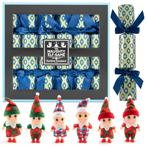 Kuckoo Crackers - Naughty Elf Game Christmas Crackers – Fun Family Party Game with Elf Toy & 2 Hilarious Games | Consequences Story Game & Elf Hide and Seek | Entertainment for All Ages | Pack of 6