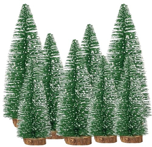 Trimming Shop 8pc Miniature Christmas Trees Set – Frosted Plastic Bottle Brush Trees with Wooden Bases, Small Artificial Mini Pine Trees for Xmas Villages, Winter Table Displays & Festive Home Décor