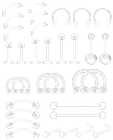 MYGLOAR Set da 33 pezzi di fermi per piercing in plastica trasparente per naso, lingua, capezzoli, addome, labbra, laboratorio, setto, cartilagine dell'orecchio, gioielli segnaposto per piercing