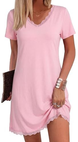Bresdk Nighties for Women Ladies Short Sleeve Nightdresses for Women UK | Soft breathable fabric, gentle stretch, lace V-neck and hem, relaxed fit for bedtime and home lounging