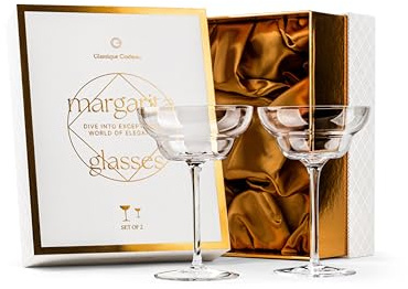 GLASSIQUE CADEAU Crystal Margarita Cocktail Glasses | Set of 2 | 270 ml | Elegant Long Stemmed Glassware for Drinking Daiquiri, Paloma and Frozen Bar Drinks | Tall Fancy Barware with Thin Stem