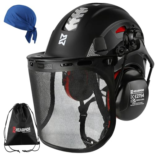 HEARMOR VOLTEK Casque forestier 5 en 1 avec casques, protection d'oreille, visière, bonnet de transpiration et sac de transport, résistant aux chocs et confortable ventilé, casque ABS pour forestiers
