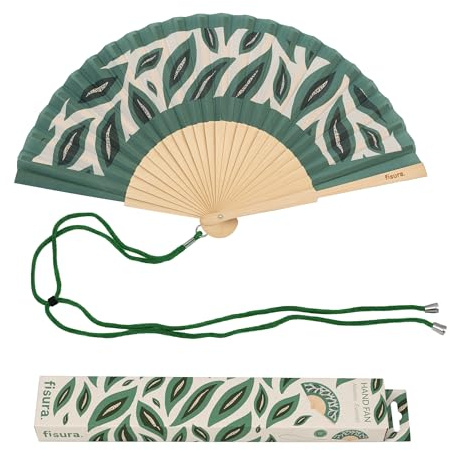 Fisura – Éventail en Bois Motif Feuilles Vert, éventail à Main Design Naturel avec dragonne Incluse, Accessoire été léger pour Plage, terrasse et Vacances, idée Cadeau Femme 42,5 x 23 cm