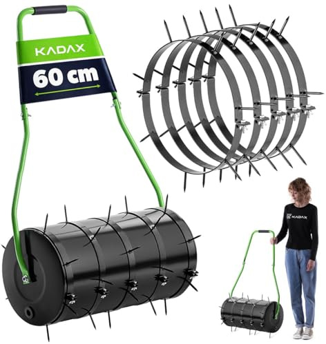 KADAX Gräsfläktsrulle 60 cm, fyllningsbar med vatten eller sand, gräsmatta vals med 6 cm spikar, gräsluftare av stål, trädgårdsvals för effektiv gräsmatta, ventilation