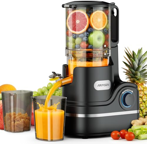 AIRMSEN Extractor de Zumos y Verduras 147MM Apertura Extractor, Capacidad de 2,1 L, Extractor de Jugo Prensado en Frío, Motor de 300 W, Licuadora Silenciosa y Eficiente, Fácil de Limpiar Negro