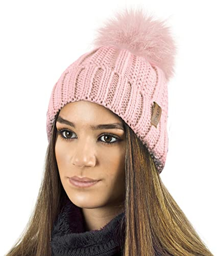 TOSKATOK Dames Femmes Hiver Rib Seed Stitch Beanie Bobble Chapeau avec Doublure en Polaire Confortable Chaud et Fausse Fourrure Pom Pom-Taille Unique-Nude Beanie